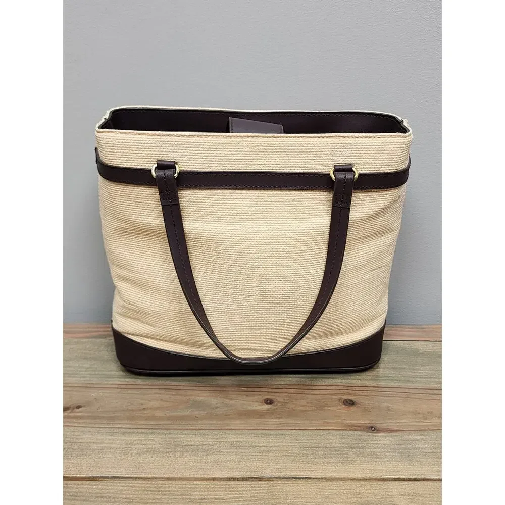 Vintage Etienne Aigner Brown Handbag Woven Basket fabric trim Leather Handbag